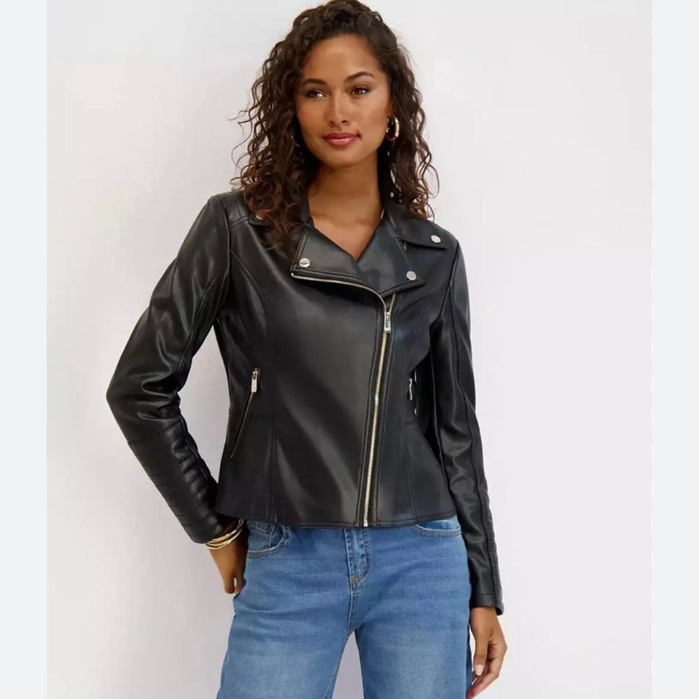 H&M Womens Leather Moto Jacket Black Asymmetrical Zip Up Size 12.